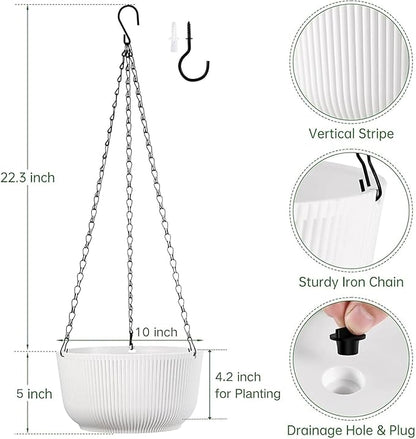 White Hanging Planters for Indoor Outdoor Plants, Set of 2 10 Inch Self-Watering Hanging Pots with Drainage Hole & Plug II Screw-in Hooks II
