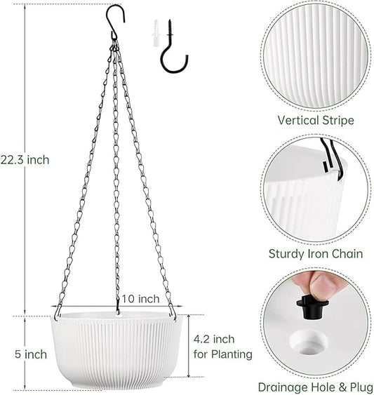 White Hanging Planters for Indoor Outdoor Plants, Set of 2 10 Inch Self-Watering Hanging Pots with Drainage Hole & Plug II Screw-in Hooks II