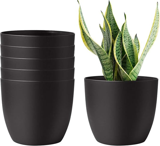 T4U 7 Inch Self Watering Planters Plastic Plant Pot, Modern Decorative Flower Pot/Window Box for All House Plants, Flowers, Herbs, African Violets, Succulents - Black, Set of 6