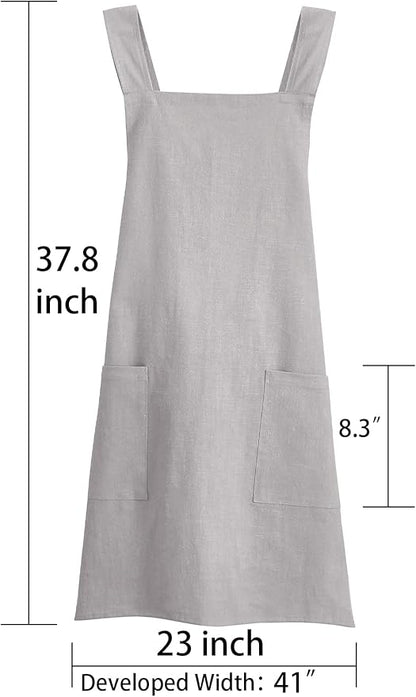 Soft Cotton Linen Apron for Women - Non-tie Cross Back Apron with Pockets, Great for Florist and Kitchen