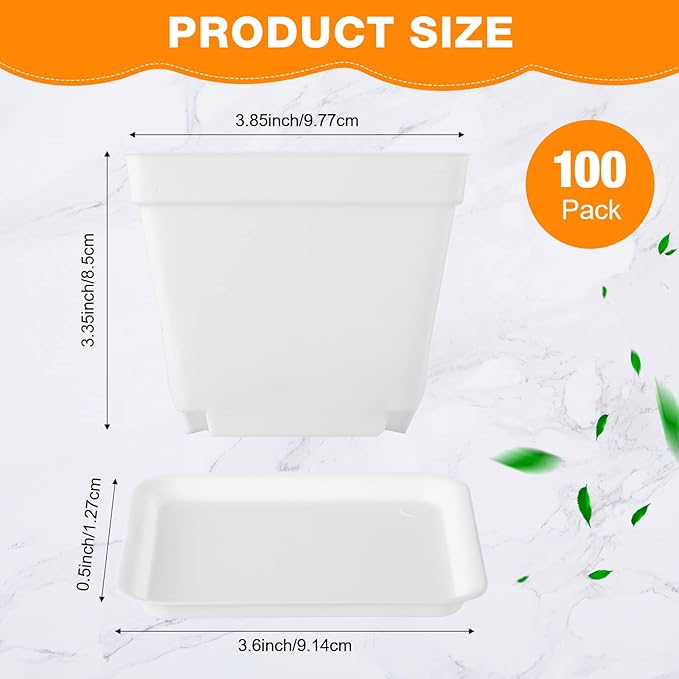 Amyhill 4 Inch Flower Pots Square Plants Nursery Pot Plastic Plant Seedling Pots Nursery Transplanting Planter Container with Saucer for Indoor Herbs Succulent Balcony Garden(White,100 Pcs)