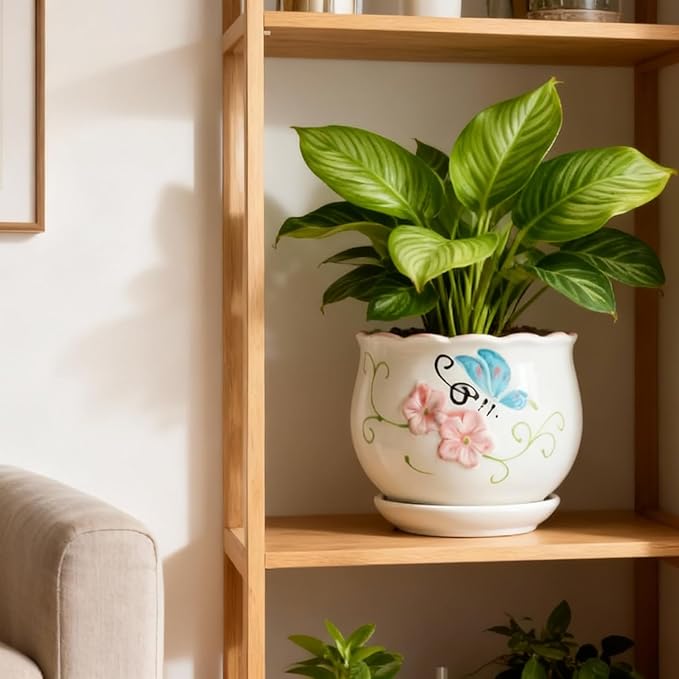 Vintage Flower Pots for Indoor Plant, Round Ceramic Plant Pots with Drainage Holes and Saucers, 6.7/5.2/3.9 Inches Retro Flower Planters Set of 3 (Vintage Butterfly)