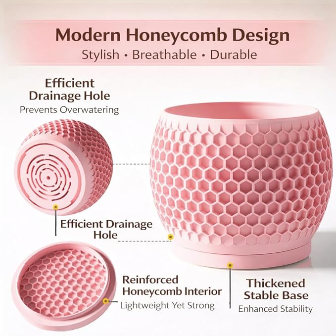 Plant Pots, Modern 3D Printed Honeycomb Planters for Indoor Plants, 4.7/6 Inch Cherry Pink Decorative Flower Pot for Office Desktop, Bookshelf & Home Decor, Lightweight & Durable.