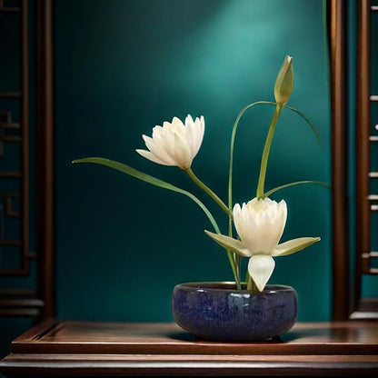 Water Lotus Bowl Planter Kit - Japanese Compote Bowl Ikebana Vase Set w/ 1.8" Floral Frog- Ideal for Ikebana, Flower Arrangement & Hydroponic Planting (Blue)