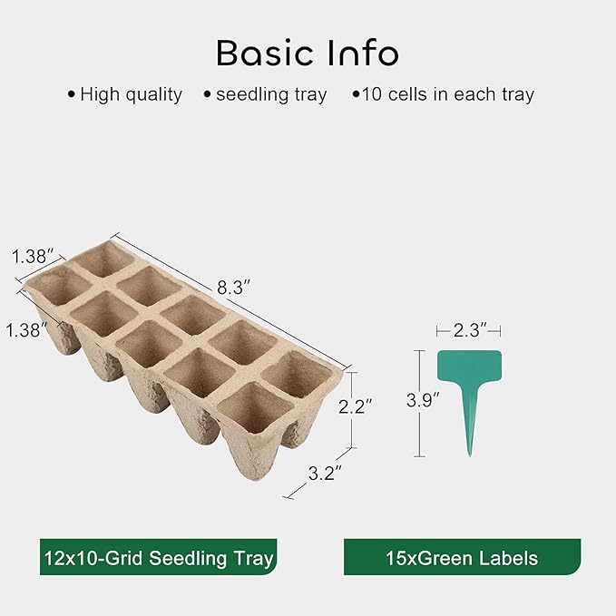 GROWNEER 120 Cells Peat Pots Seed Starter Trays 12 Packs Biodegradable Seedling Pots Germination Trays Organic Plant Starter Kit with 15 Pcs Plant Labels