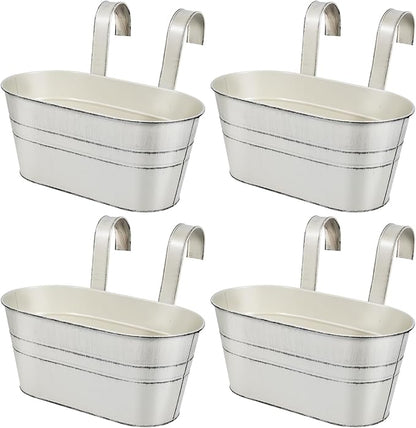 OBTANIM 4 Pack Metal Hanging Flower Pots Iron Railing Planter Outdoor Fence Hanging Pots Bucket Plant Holder with Detachable Hooks Drain Holes for Home Garden Yard Decor (White)