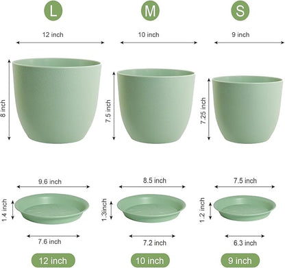 Large Plant Pots 12/10/9 inch, Set of 3 Modern Decorative Plastic Planters with Drainage Holes and Saucers, Flower Pots for Indoor Outdoor Plants, Green