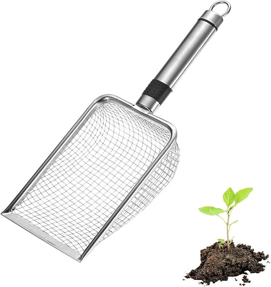 1-Pack Gardening Soil Sifter, 5 mm Mesh Stainless Steel Sand Soil Compost Sieve with Stainless Steel Handle for Sand/Dirt/Rock Compost [Silver Tone]
