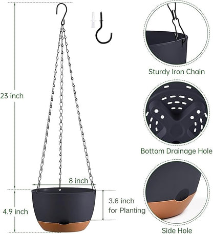 Hanging Planters for Indoor Plants, Set of 2 8/10 Inch Self-Watering Hanging Pots with Drainage Hole & Removable Water-Storage Tray II Screw-in Hooks II