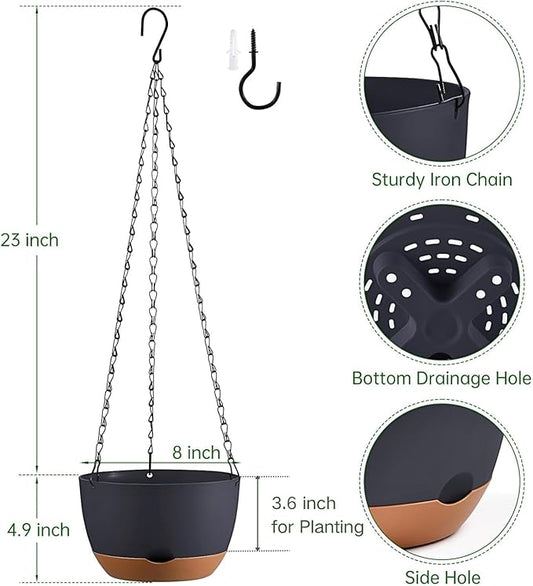 Hanging Planters for Indoor Plants, Set of 2 8/10 Inch Self-Watering Hanging Pots with Drainage Hole & Removable Water-Storage Tray II Screw-in Hooks II