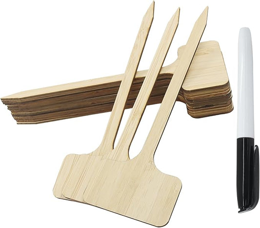 60Pcs Bamboo Plant Tags (6 x 18 cm) T-Type Plant Tags with A Marker Pen, House Plant Labels Garden Markers for Bamboo, Herb, Vegetable
