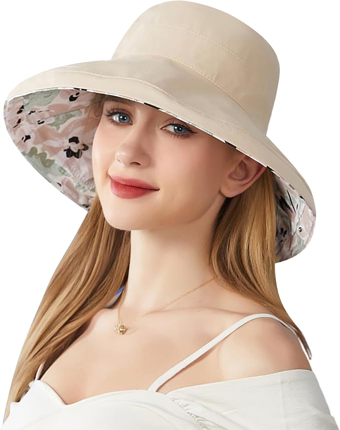 Wide Brim Women Sun Hat Summer Beach Bucket Fishing Hats Metal Wired Edge Packable UV Protection for Hiking Garden Travel