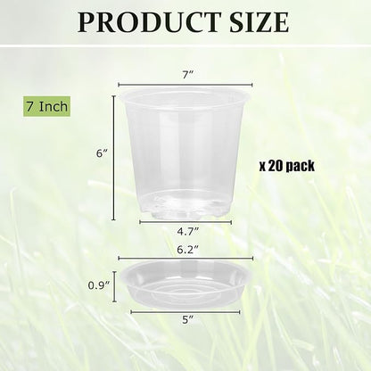 20 Pack 7 Inch Clear Nursery Pots with Drainage and Saucer, Clear Plastic Planter Pots for Plants, Flexible Seed Starting Pots for Succulents, Small Herbs, Annual Flowers (7 Inch)