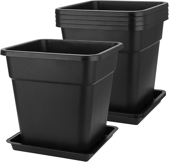 MOUYAT 5 Pack 5 Gallon Large Square Nursery Pots with Saucers, 12 x 12 Inch Black Plastic Plant Nursery Pots Garden Planter for Planting Flowers