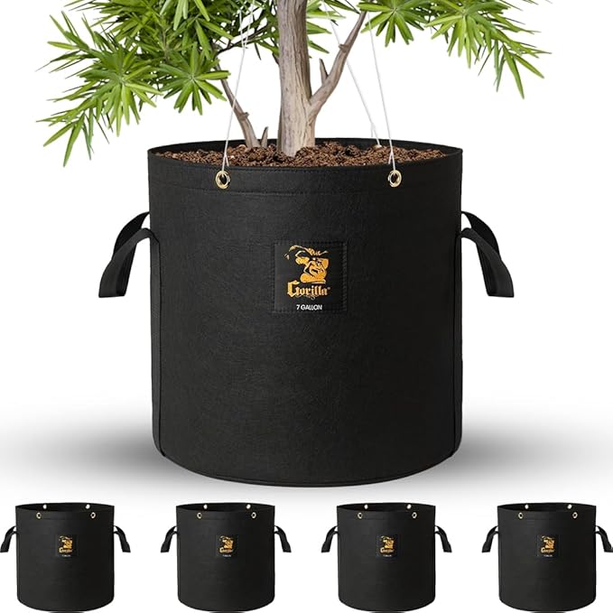 Gorilla 7 Gallon Grow Bags, Toughest Reusable Fabric Pots, Tallest True Gallon Sizes with Biggest Volume, Thickest 600g Fabric PVC and BPA Free, Reinforced Handles & Metal Tie Down Grommets, Black