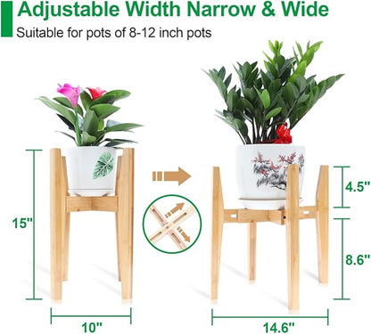 OERGKE Adjustable Plant Stand Indoor, Bamboo Mid Century Modern Plants Stands, Corner Flower Holder for Living Room, Fits 8 to 12 Inches Pots, (Pot & Plant Not Included)(Nature, 1 Pack)