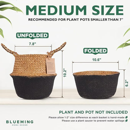 Blueming Home Wicker Plant Basket – Medium Seagrass Planter Pot for Faux Olive Trees or Houseplants, Decorative Woven Black Bottom Wicker Planter for Living Room, Shelf, or Entryway