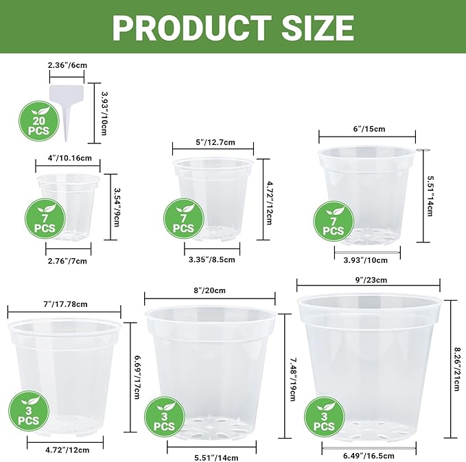 GREANER 4/5/6/7/8/9 Inch Reinforced Clear Nursery Pots, Transparent Variety Pack Plastic Nursery Pots, 30 Packs Seed Starting Pot Flower Plant Container with Drainage Holes and 20 Plant Labels