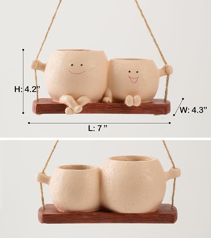 Cute Couple Swing Planter with Smiley Face,Couple Planter,Hanging Swing face Pot,Hanging Plant Pot for Indoor Outdoor Plants, (Khaki)