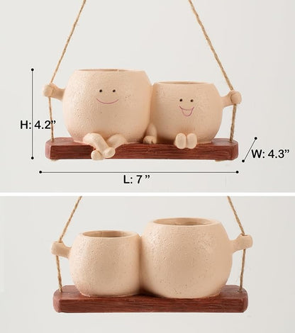 Cute Couple Swing Planter with Smiley Face,Couple Planter,Hanging Swing face Pot,Hanging Plant Pot for Indoor Outdoor Plants, (Khaki)