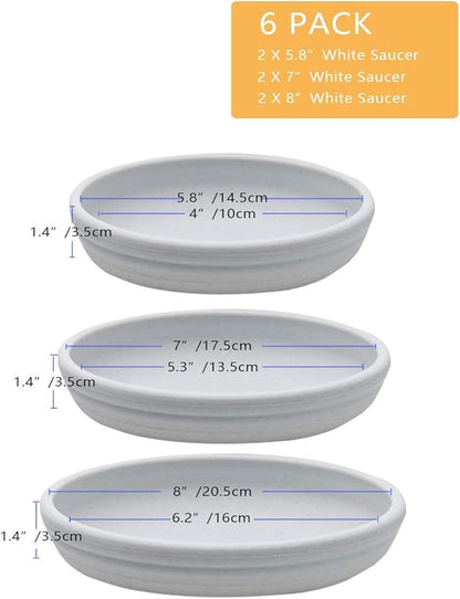 SAROSORA Round Plastic Plant Saucer Drip Tray Set of 6 for Indoor Outdoor Home Garden Flower Plant Container Flower Pot Pallets ((5.8''+7"+8'') x2, White-Grey)