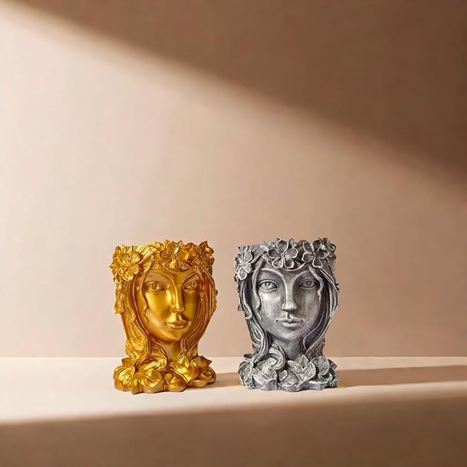 Face Flower Pot Head Planter with Drainage Hole - Cute Resin Goddess Face Planter for Indoor & Outdoor Use (Goddess Golden, Large)