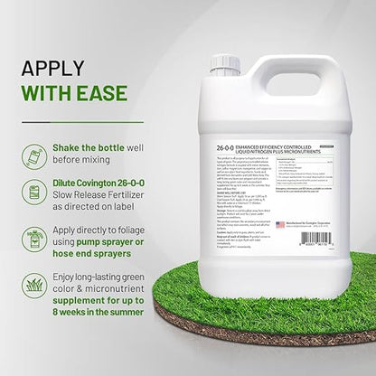 Covington ProLine 26-0-0 NPK Liquid Lawn Slow Release Fertilizer (1 Gal) – High Nitrogen Lawn Food for Summer Growth – Promotes Deep Green Color & Resilient Turf – Ideal for Heat-Stressed Lawns