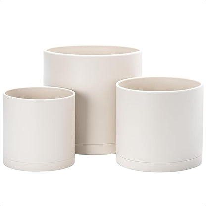 D'vine Dev 6.5 Inch 8 Inch 10 Inch, Set of 3 Plastic Planter Pots for Plants with Drainage Hole and Seamless Saucer, Oatmeal, Large, 74-V-H-4