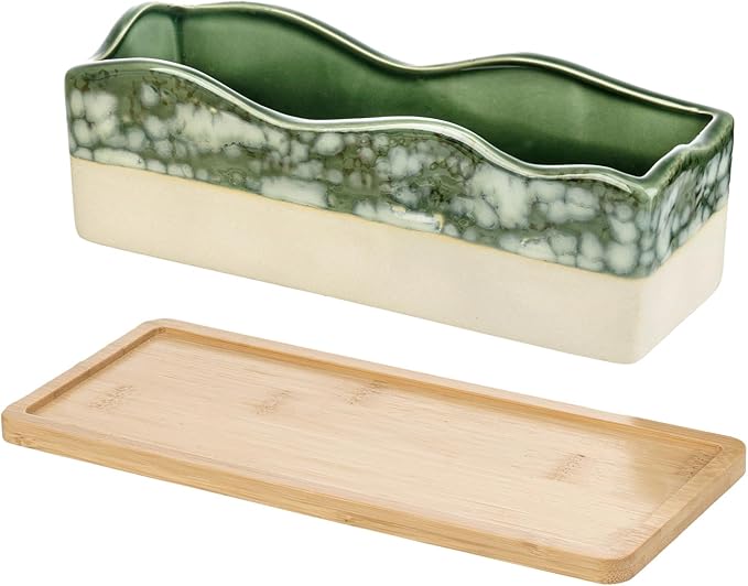 MyGift Rectangular Succulent Planter - Decorative Beige and Green Ceramic Glazed Plant Container Pot with Removable Bamboo Tray