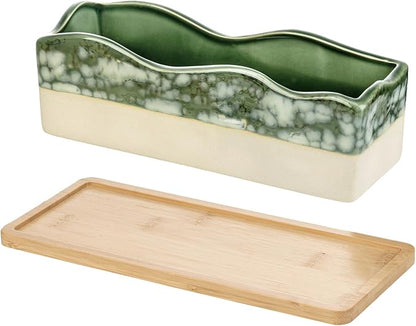 MyGift Rectangular Succulent Planter - Decorative Beige and Green Ceramic Glazed Plant Container Pot with Removable Bamboo Tray