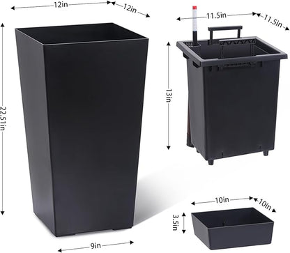 GAOMON 23" Tall Planters Set of 2, Outdoor＆Indoor Black Planter Pots, High Front Porch Planter Pots with Drainage Holes＆Water Level Monitor＆Inner Bucket, Automatic Watering, Convenience Instill