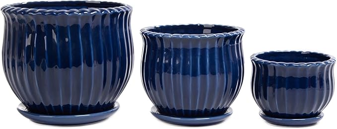 Ceramic Flower Pots, Ceramic Planters with Drainage Hole and Saucer, Modern Round Ceramic Succulent Plant Pots with Stripe Texture, Small to Medium Sized, Set of 3, Navy Blue