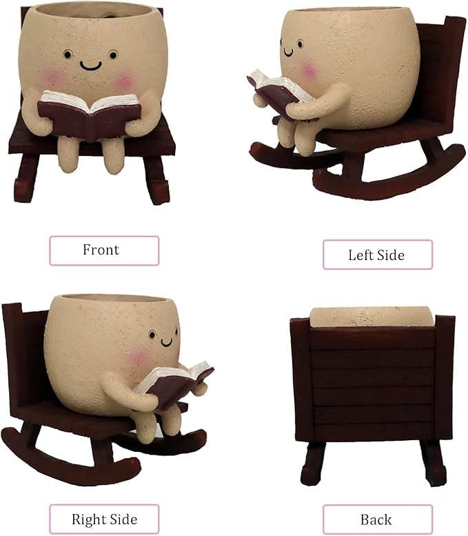 Cute Face Planters Succulent Pots, Funny Rocking Chair Reading Head Flower Planter Cactus Pot with Drainage Hole for Indoor Outdoor Plants, Unique Plant Lover Gifts
