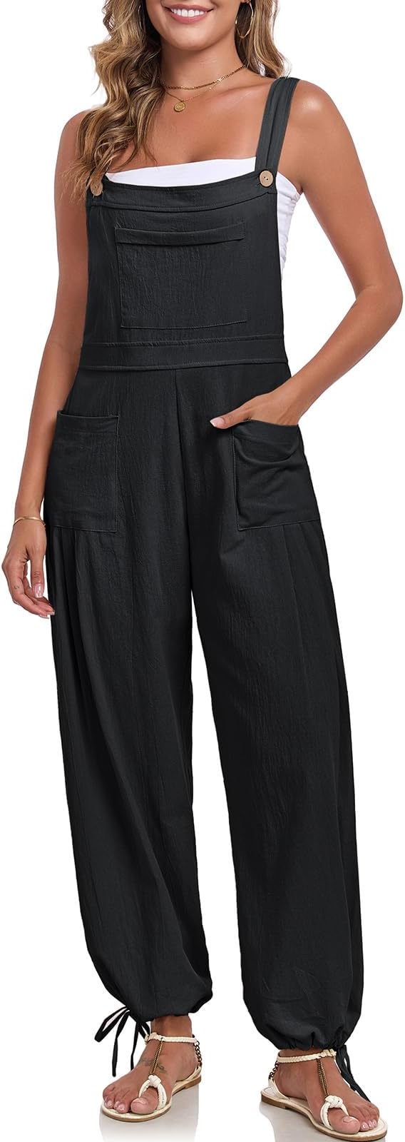ALSOGO Womens Wide Leg Overalls Loose Beach Vacation Outfits Jumpsuits 2025 Causal Sleeveless Rompers with Pockets