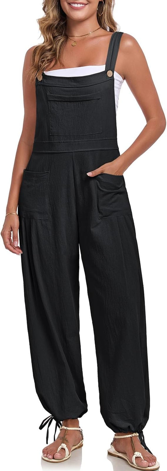 ALSOGO Womens Wide Leg Overalls Loose Beach Vacation Outfits Jumpsuits 2025 Causal Sleeveless Rompers with Pockets