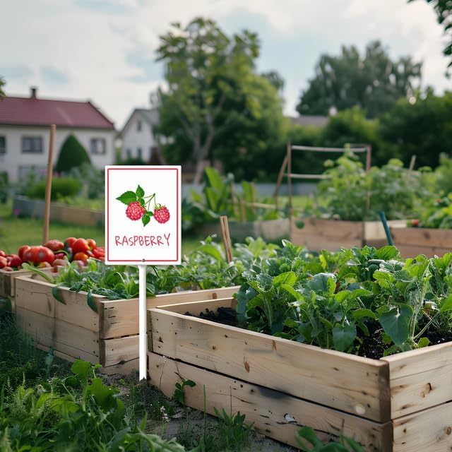 Raspberry Marker Yard Sign with Stakes 7in×8.8in, Aluminum Garden Signs, Garden Plant Markers Garden Potted Plants Labels for Vegetable Flowers Funny Garden Stakes Decorations