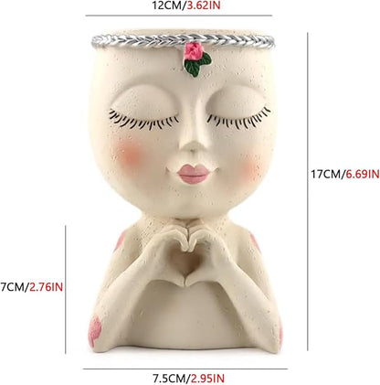 Face Planter Pot with Heart Hands, Resin Head Planter for Indoor Plants, Cute Succulent Pots with Drainage Hole, Gardening Gifts for Women Mom Teacher, 7.3" Home Decor (White)