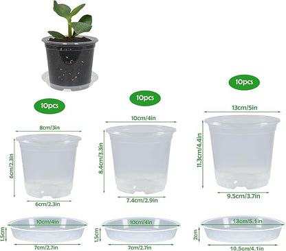30 Pack 3/4/5 Inch Clear Nursery Pots with Drainage and 30 Pack Plant Saucers, Plant Pots for Plants Transparent Potting Containers for Plants Seeding Starter Pot (Clear, 3/4/5 Inch)