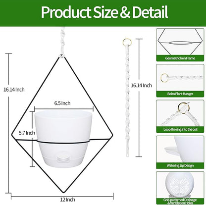 Hanging Planters for Indoor Plants, 2 Set Self Watering Hanging Flower Pots, Modern Hanging Plant Baskets with Metal Plant Holder & 6.5 Inch Plastic Pots for Garden Home Decor (White)