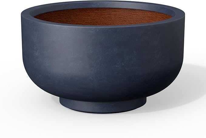 Kante 13.8 Inch Dia Concrete Bowl Planter, Large Tapered Bottom Plant Pot with Drainage, Smooth Charcoal Finish with Painted Interior, Ideal for Porch, Home, Garden, Patio