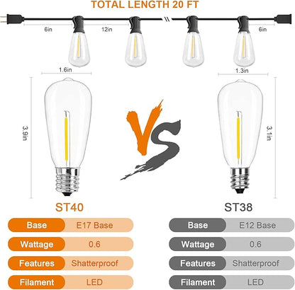 ST40 20Ft LED Outdoor String Lights with 22 Edison Shatterproof Bulbs, C9/E17 Screw Base, Waterproof Commercial Grade Patio Lights UL Listed for Outside Backyard Garden Bistro Porch Decor-Brown