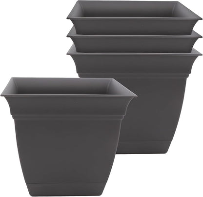 The HC Companies 8 Inch Eclipse Square Planter Pots with Drainage Holes & Attached Saucer, Lightweight UV-Resistant Plastic Indoor Outdoor Planters, 4-Pack Flower Pots for Garden Home Decor, Warm Gray