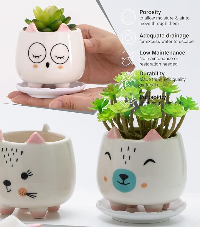 B SEPOR 6Pack 3.4inch Small Ceramic Animal Planter Pots for Baby Succulent with Drainage and Bamboo Tray Window Sill Gift for Girl(Sitting Cats)