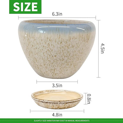 Deep Dream 6 Inch Plant Pots- Ceramic Planter Pot with Drainage Hole and Saucer, Round Flower Pot for Indoor Outdoor Succulent, Snake Plants and Cactus, Beige&Blue