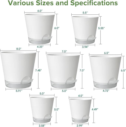 GARDIFE 2026 Upgraded Self Watering Plant Pots with Drainage Hole, 8/7/6.5/6/5.5/5/4 Inch Flower Planting Containers for House Plants, African Violet, Flowers, Cactus (White, 8+7+6.5+6+5.5+5+4 inch)