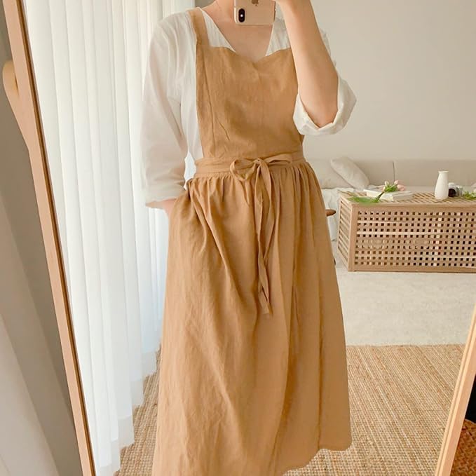 Cute Retro Cotton Linen X-Back Aprons Home Kitchen Garden Art Painting Pinafore Florist Shop Overalls
