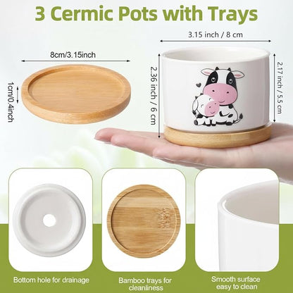 Vesici 3 Pcs Cow Gifts for Women Cow Planter Succulent Pots with Drainage and Bamboo Tray Small Ceramic Succulent Planters Animal Plant Pot for Christmas Office Home Decor Plant Lovers