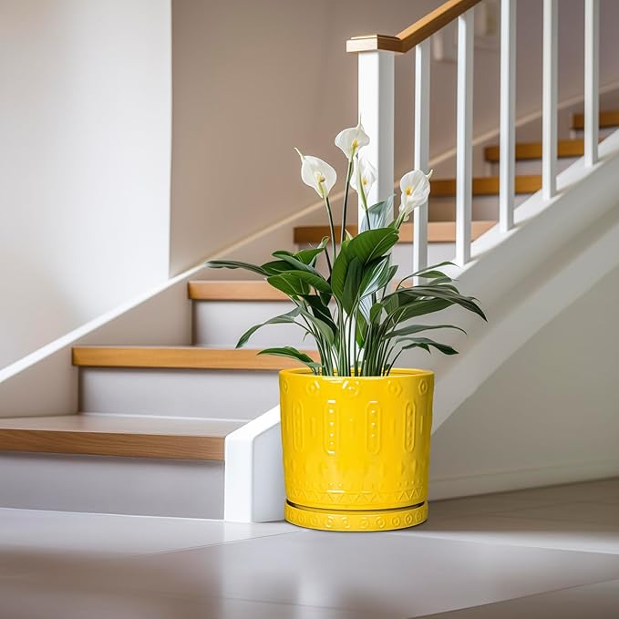 Ceramic Flower Pots, 12 Inch Plant Pot with Drainage Holes and Saucers, Round Pots for Plants for Indoor Outdoor, Boho Decorative Planter, Garden House Decor, Gifts for Women, Yellow