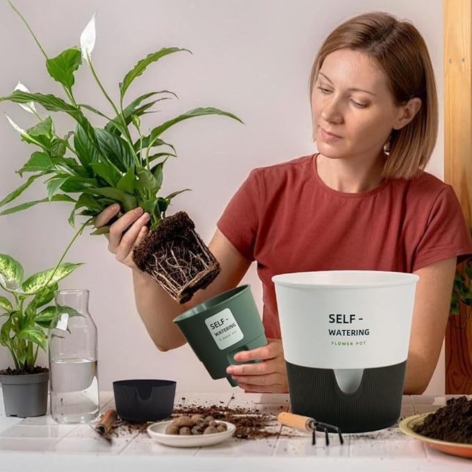 Flower and Plant Pot, Self Watering Plastic Plants Planter with Drainage Holes and Saucers, Modern Outdoor Indoor Decorative Flower Pot for Plants, Flowers, Herbs, Succulents (Green, 7.5 inch)