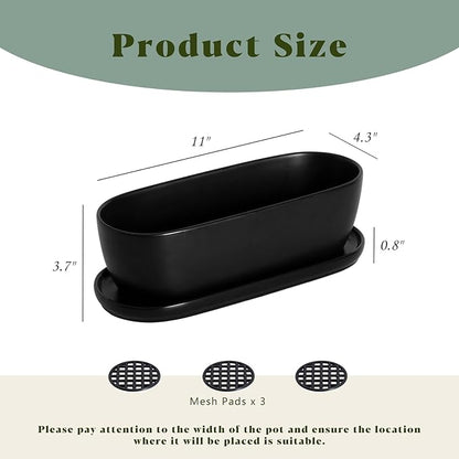 E-liu Oval Ceramic Planter Pot with Drainage Hole Saucers 11 Inch Succulents Planter Home Decor for Indoor Outdoor Plants Herb Cactus with 3 Mesh Pads, Plants Not Included, Black